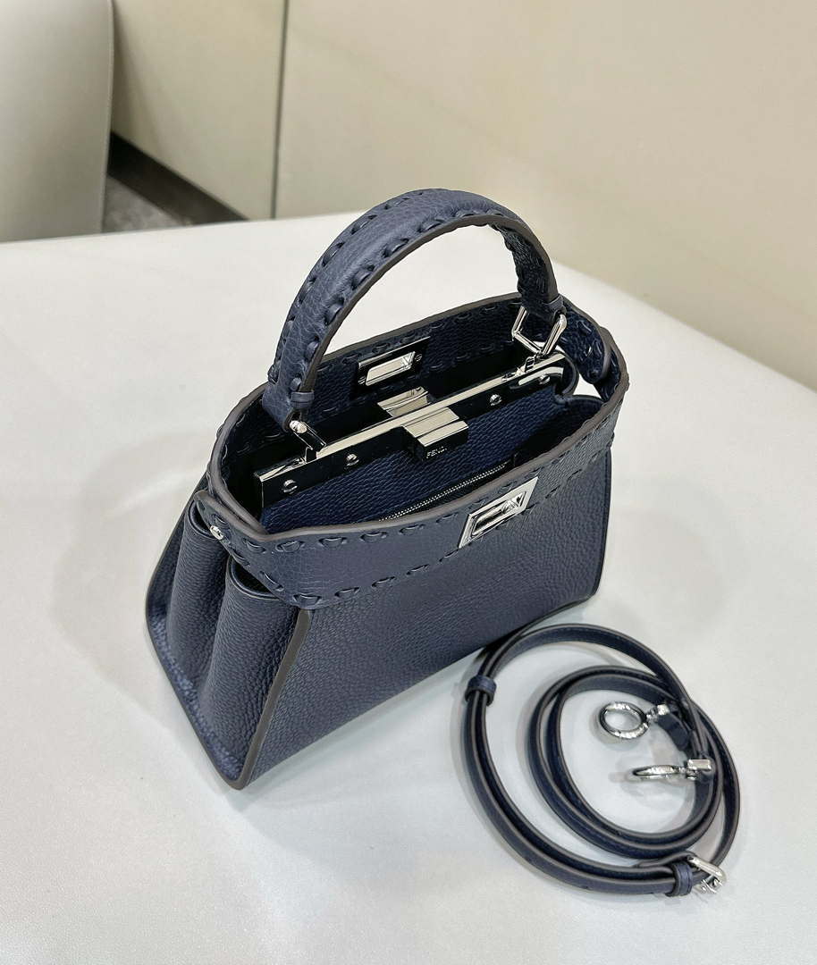 Fendi 8BN244 Peekaboo Mini Night Mist Blue Selleria bag with 220 hand-sewn topstitches 8615
