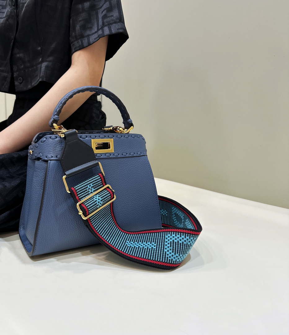 Fendi 8BN244 Peekaboo Mini Night Mist Blue Selleria bag with 220 hand-sewn topstitches 8615