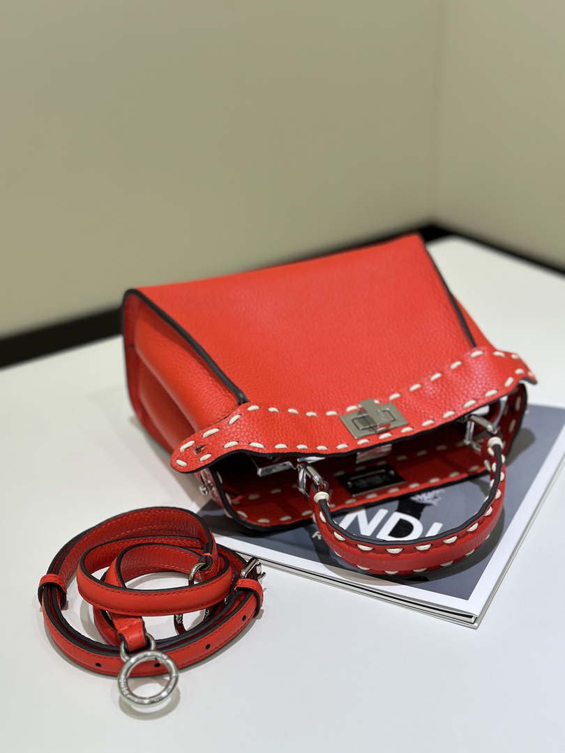 Fendi 8BN244 Peekaboo Mini Red Selleria bag with 220 hand-sewn topstitches 8522A