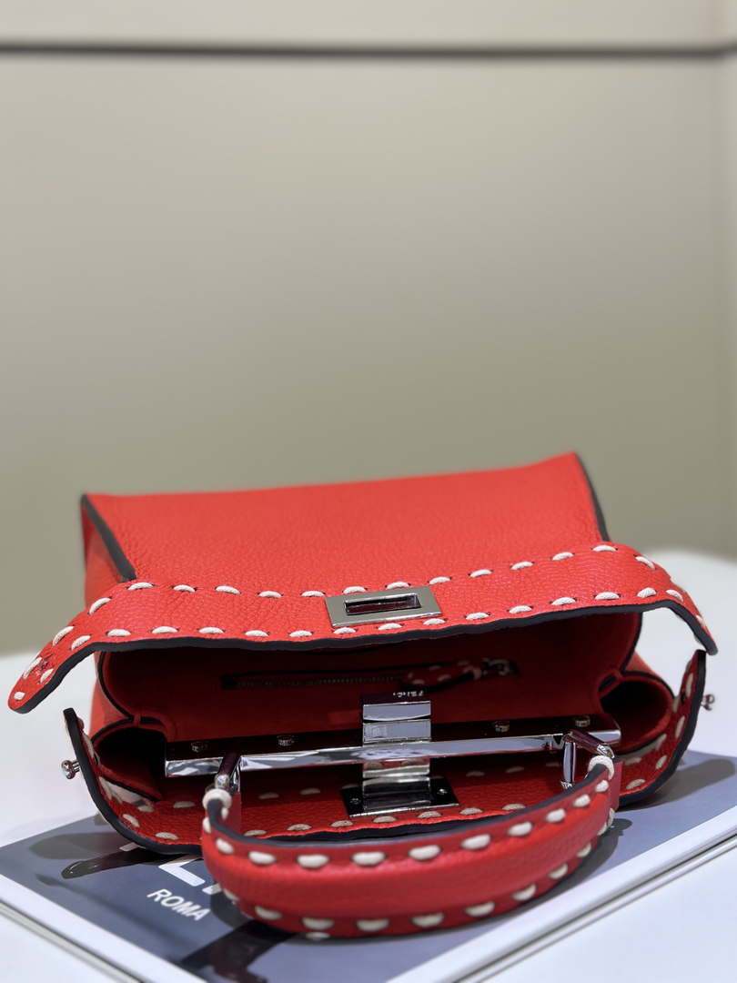 Fendi 8BN244 Peekaboo Mini Red Selleria bag with 220 hand-sewn topstitches 8522A