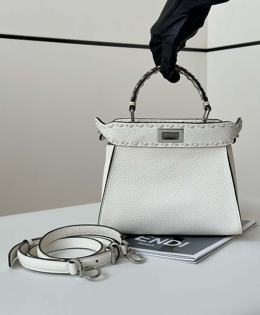 Fendi 8BN244 Peekaboo Mini White Selleria bag with 220 hand-sewn topstitches 8522A