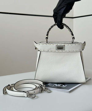 Fendi 8BN244 Peekaboo Mini White Selleria bag with 220 hand-sewn topstitches 8522A - Default Title - View 1