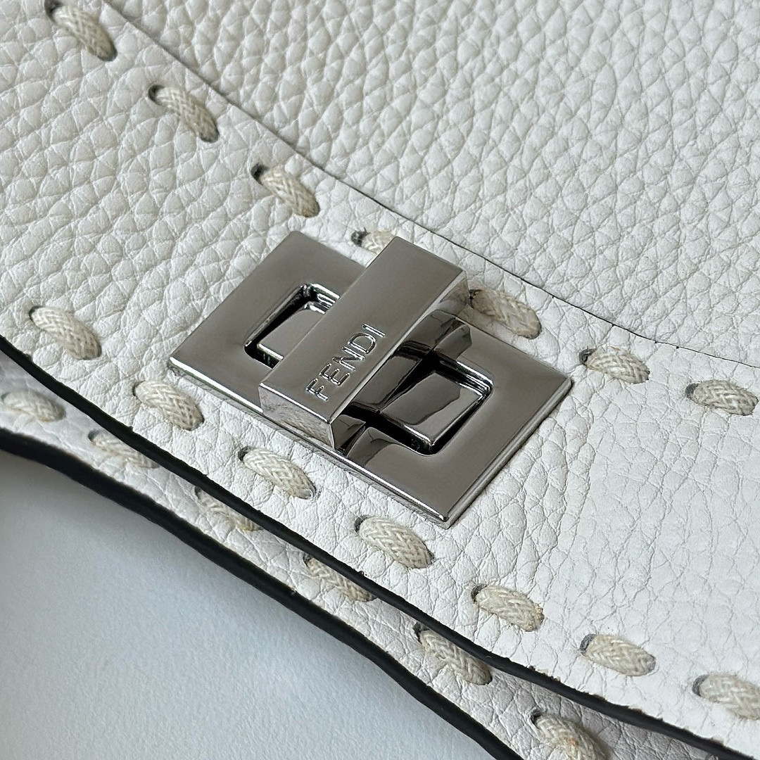Fendi 8BN244 Peekaboo Mini White Selleria bag with 220 hand-sewn topstitches 8522A