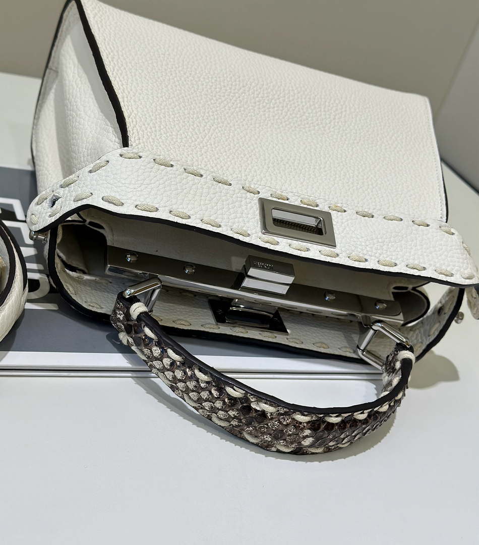 Fendi 8BN244 Peekaboo Mini White Selleria bag with 220 hand-sewn topstitches 8522A