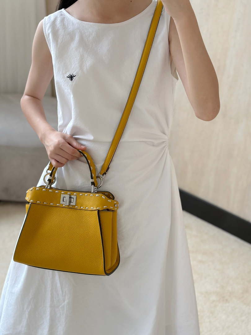 Fendi 8BN244 Peekaboo Mini Yellow Selleria bag with 220 hand-sewn topstitches 8522A