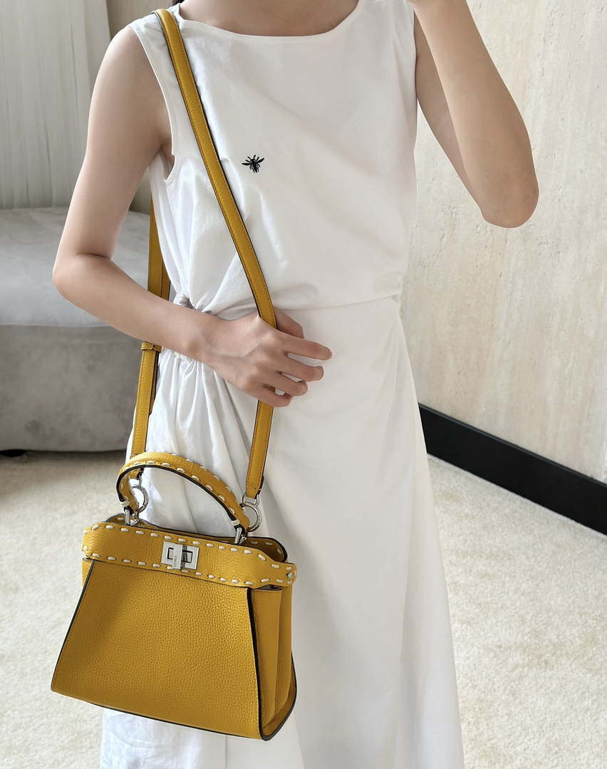 Fendi 8BN244 Peekaboo Mini Yellow Selleria bag with 220 hand-sewn topstitches 8522A
