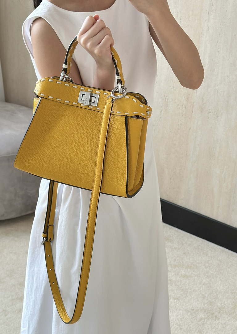 Fendi 8BN244 Peekaboo Mini Yellow Selleria bag with 220 hand-sewn topstitches 8522A