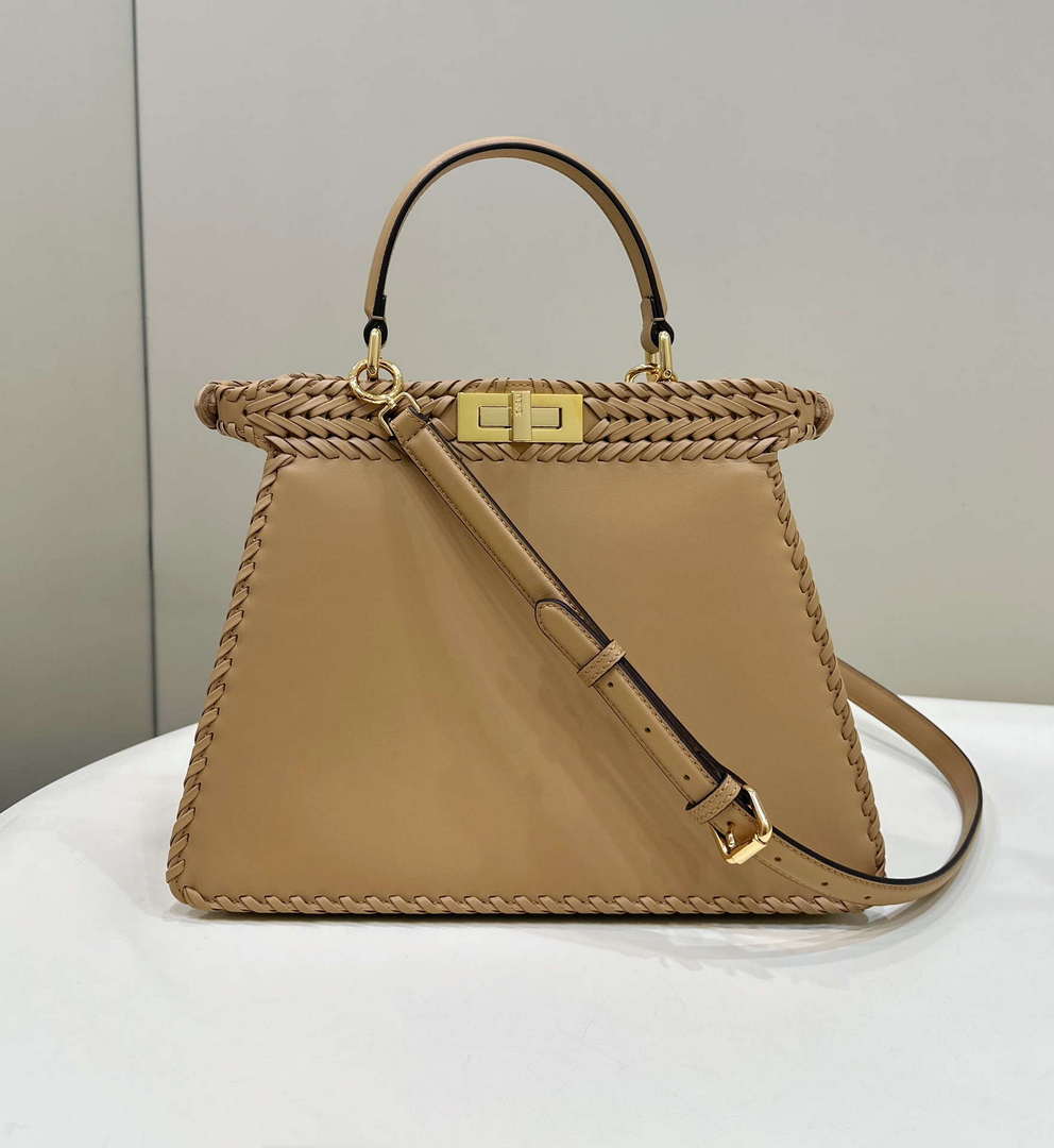Fendi 8BN321 Peekaboo ISeeU Medium Apricot interlace leather bag 80138L