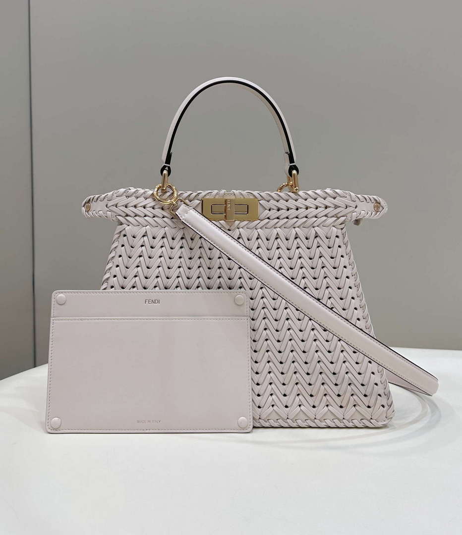 Fendi 8BN321 Peekaboo ISeeU Medium Beige interlace leather bag 80138L