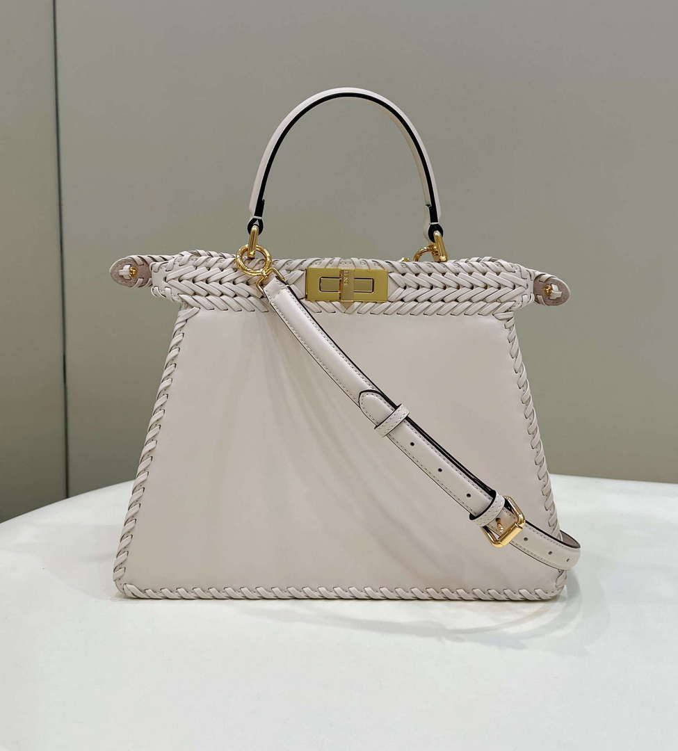 Fendi 8BN321 Peekaboo ISeeU Medium Beige interlace leather bag 80138L