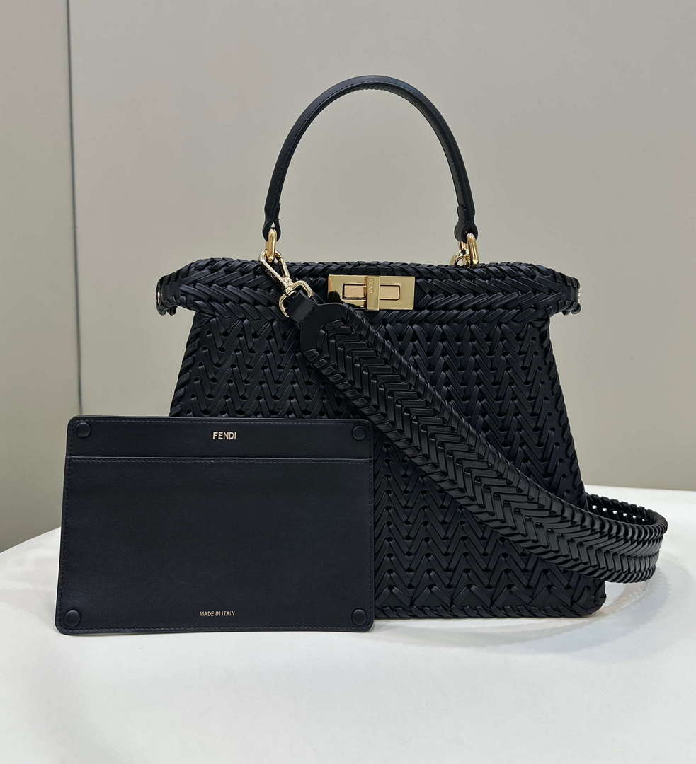 Fendi 8BN321 Peekaboo ISeeU Medium Black interlace leather bag 80138L