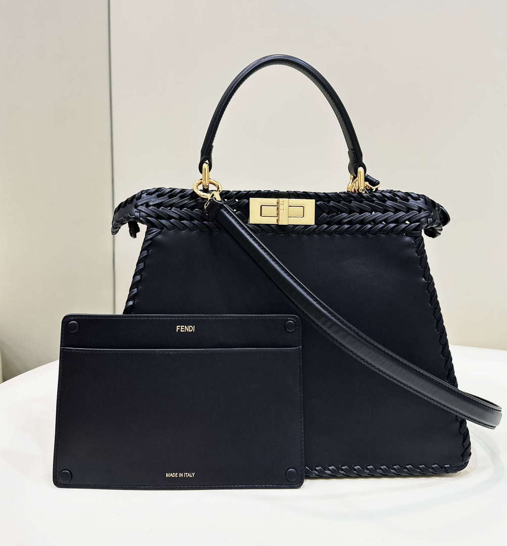 Fendi 8BN321 Peekaboo ISeeU Medium Black interlace leather bag 80138L