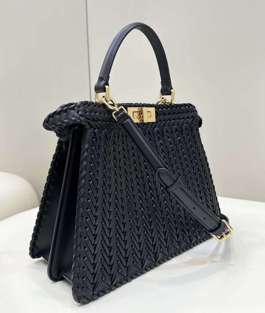 Fendi 8BN321 Peekaboo ISeeU Medium Black interlace leather bag 80138L - Default Title - View 4