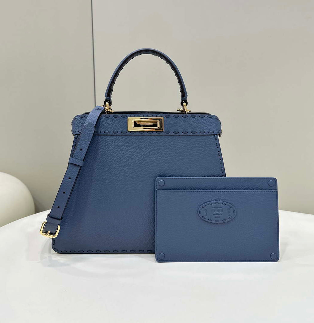 Fendi 8BN321 Peekaboo ISeeU Medium Blue Selleria bag with 646 hand-sewn topstitches 80133