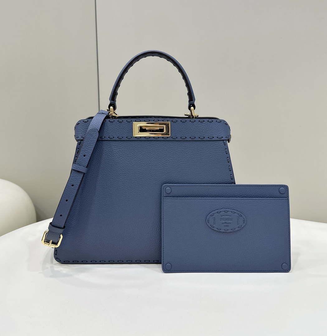 Fendi 8BN321 Peekaboo ISeeU Medium Blue Selleria bag with 646 hand-sewn topstitches 80133