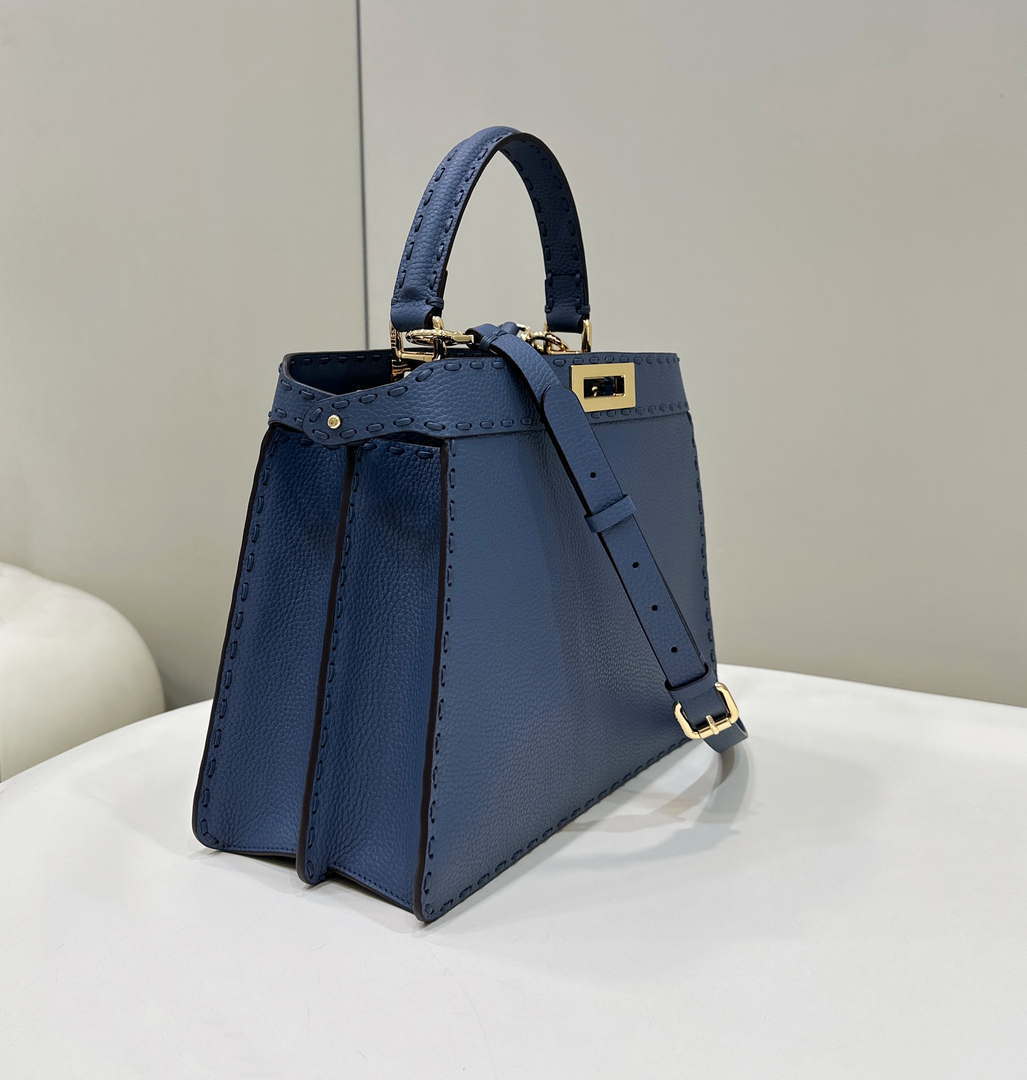 Fendi 8BN321 Peekaboo ISeeU Medium Blue Selleria bag with 646 hand-sewn topstitches 80133