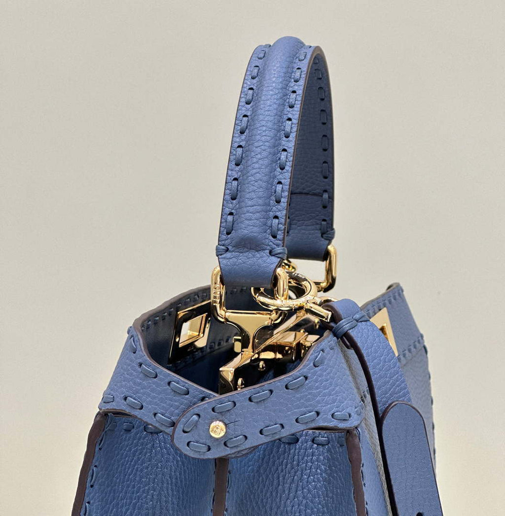 Fendi 8BN321 Peekaboo ISeeU Medium Blue Selleria bag with 646 hand-sewn topstitches 80133