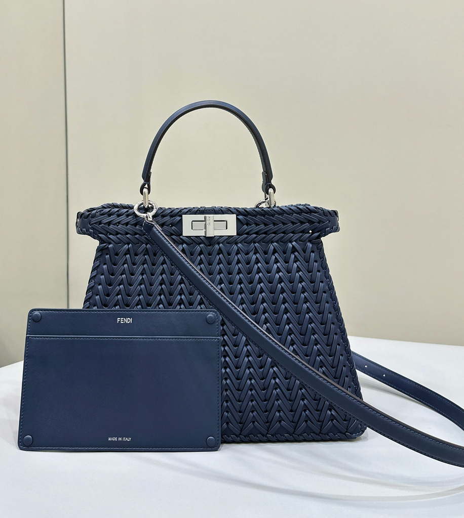 Fendi 8BN321 Peekaboo ISeeU Medium Dark Blue interlace leather bag 80138L - Default Title - View 1