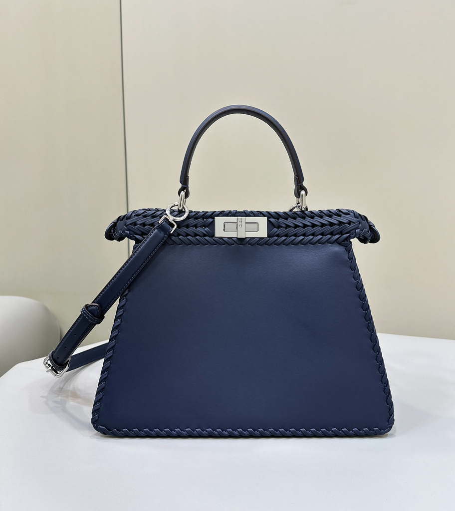 Fendi 8BN321 Peekaboo ISeeU Medium Dark Blue interlace leather bag 80138L