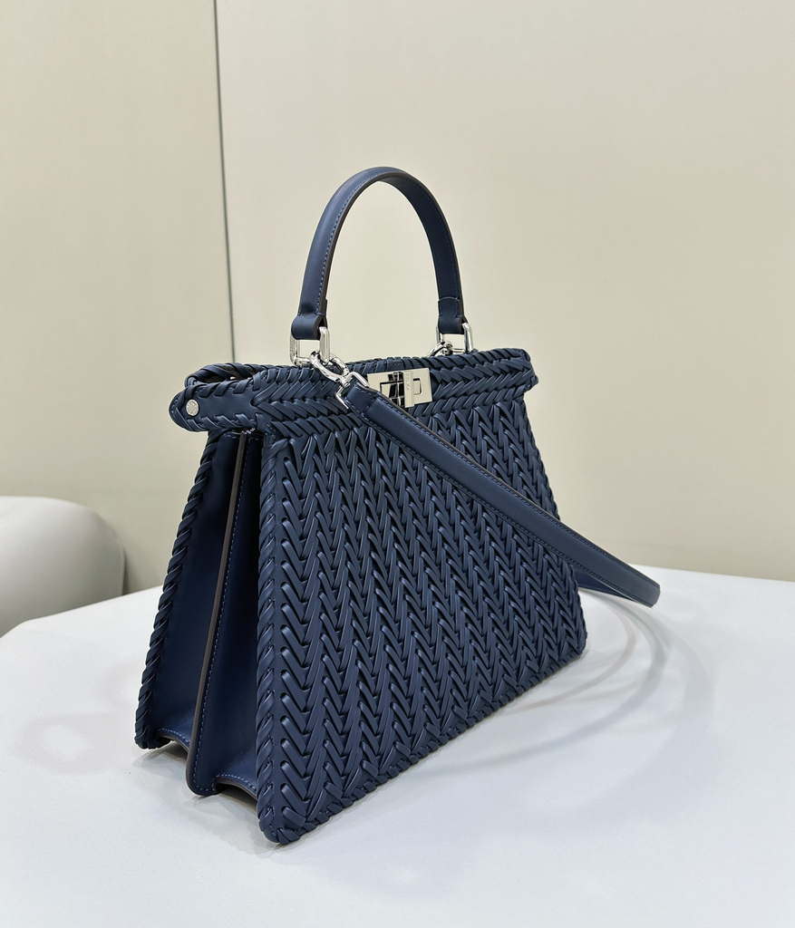 Fendi 8BN321 Peekaboo ISeeU Medium Dark Blue interlace leather bag 80138L