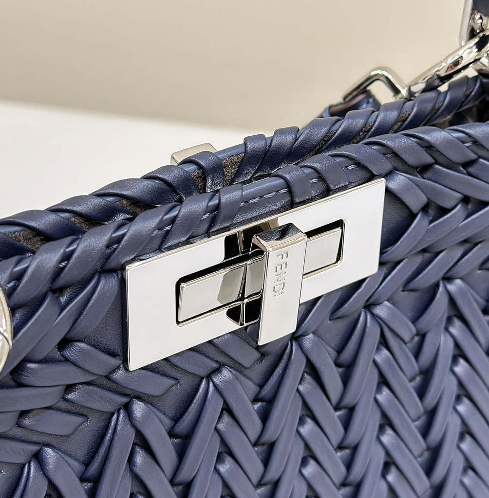 Fendi 8BN321 Peekaboo ISeeU Medium Dark Blue interlace leather bag 80138L
