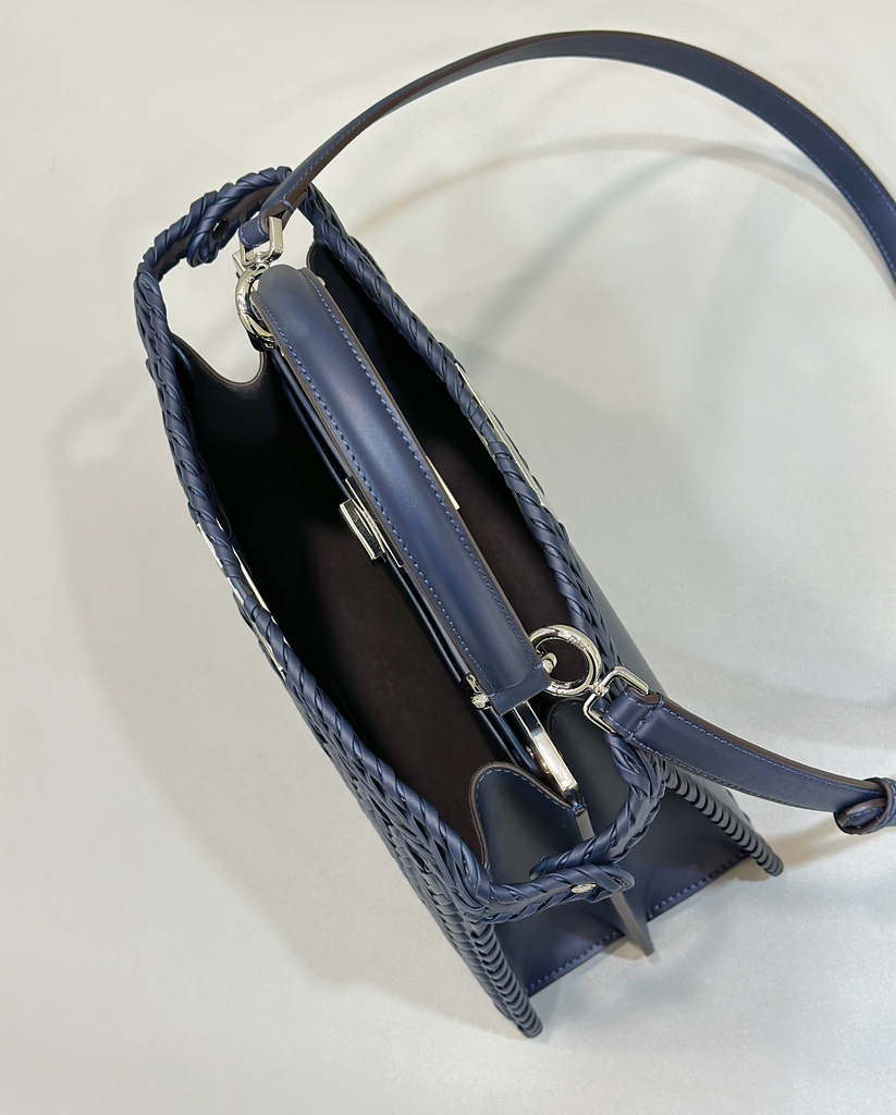 Fendi 8BN321 Peekaboo ISeeU Medium Dark Blue interlace leather bag 80138L