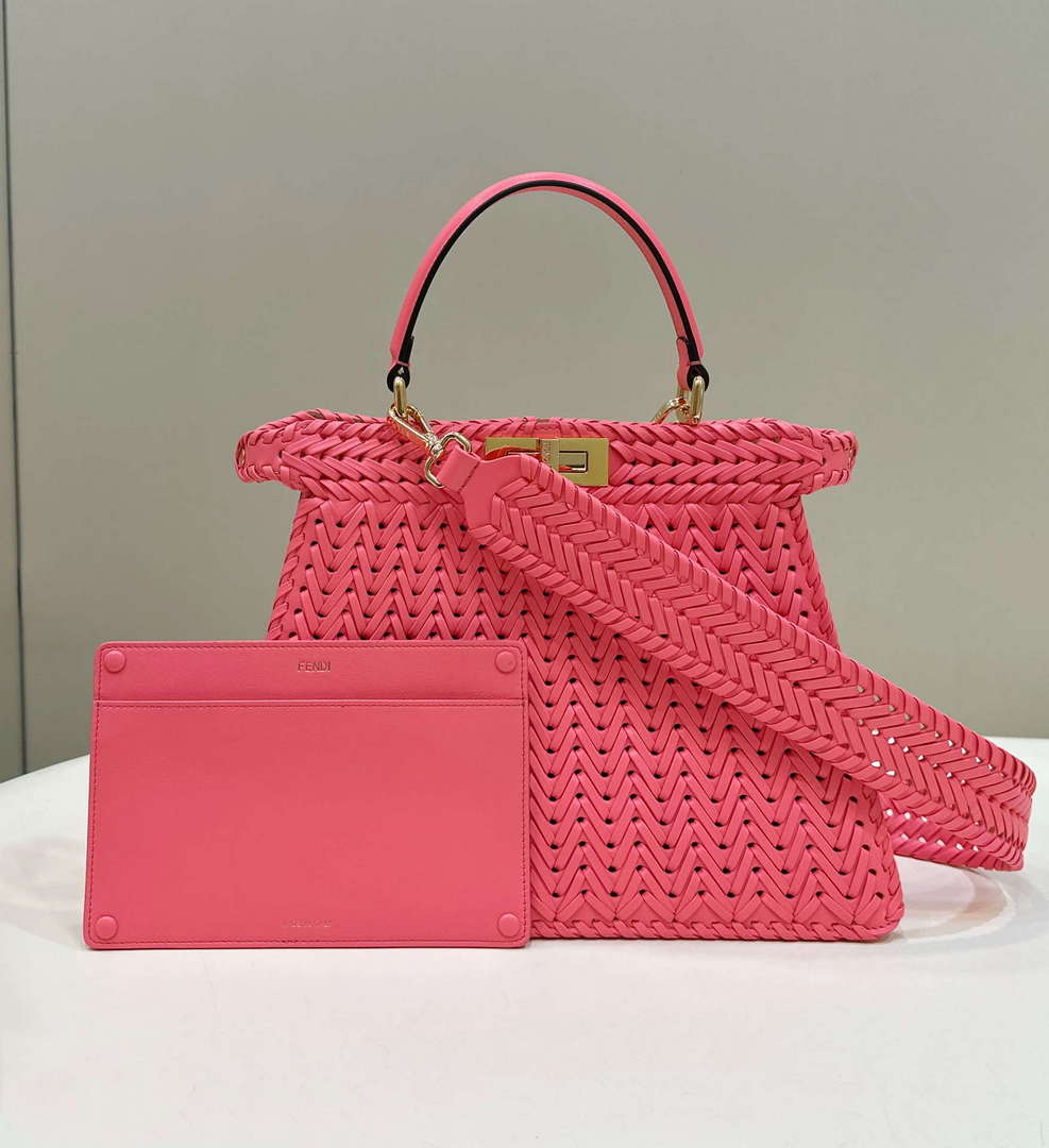 Fendi 8BN321 Peekaboo ISeeU Medium Pink interlace leather bag 80138L