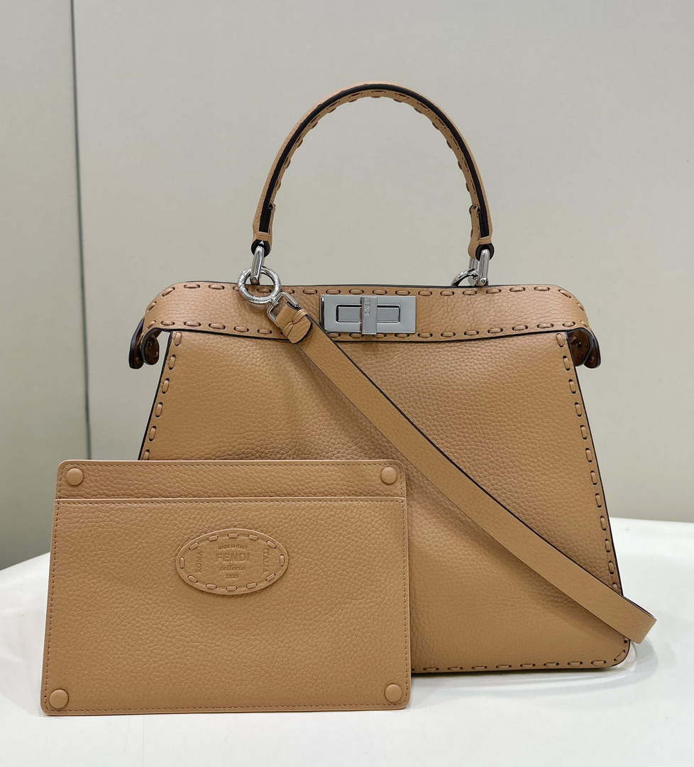 Fendi 8BN321 Peekaboo ISeeU Medium Tan Selleria bag with 646 hand-sewn topstitches 80133
