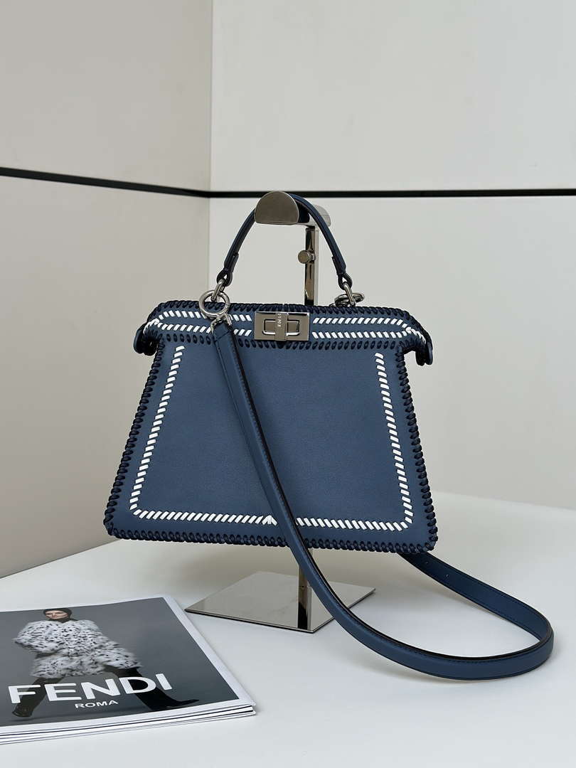 Fendi 8BN327 Peekaboo ISeeU Medium Blue interlace leather bag 80143