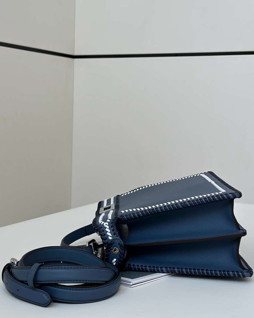 Fendi 8BN327 Peekaboo ISeeU Medium Blue interlace leather bag 80143