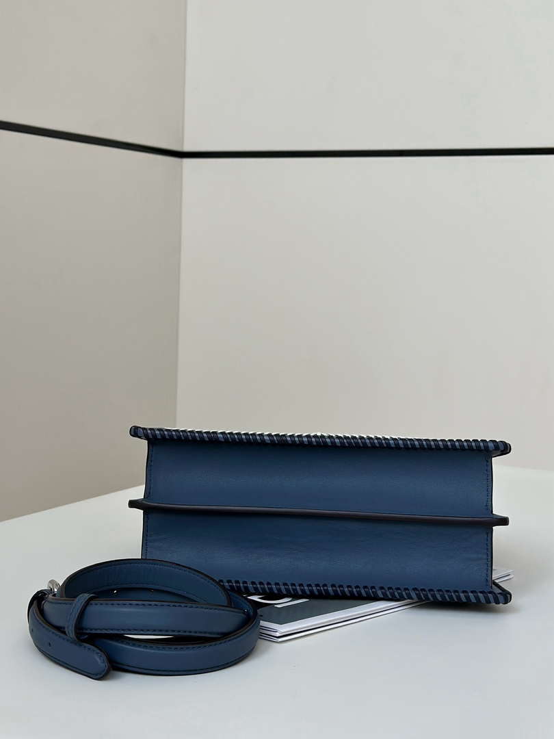 Fendi 8BN327 Peekaboo ISeeU Medium Blue interlace leather bag 80143