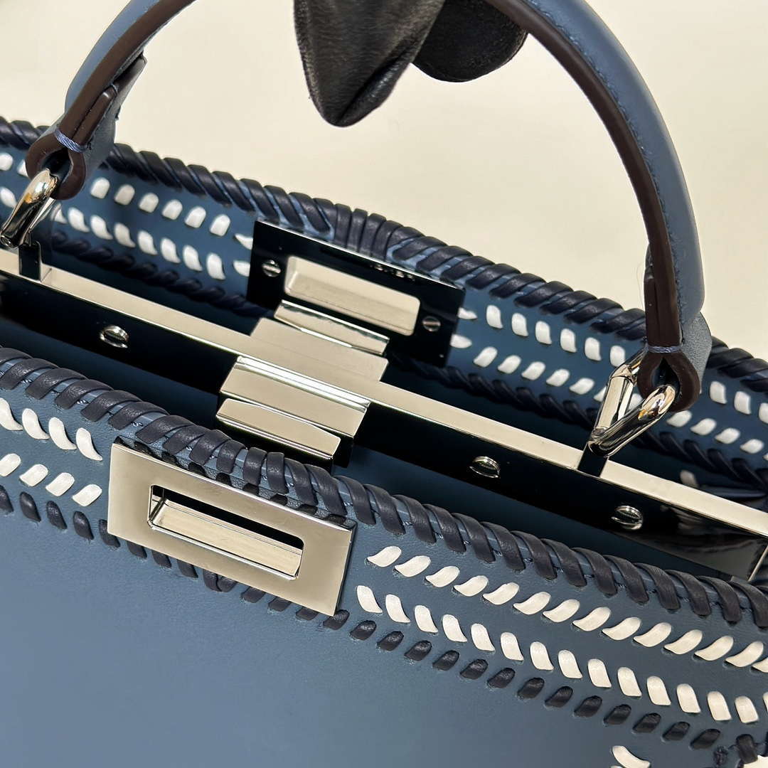 Fendi 8BN327 Peekaboo ISeeU Medium Blue interlace leather bag 80143