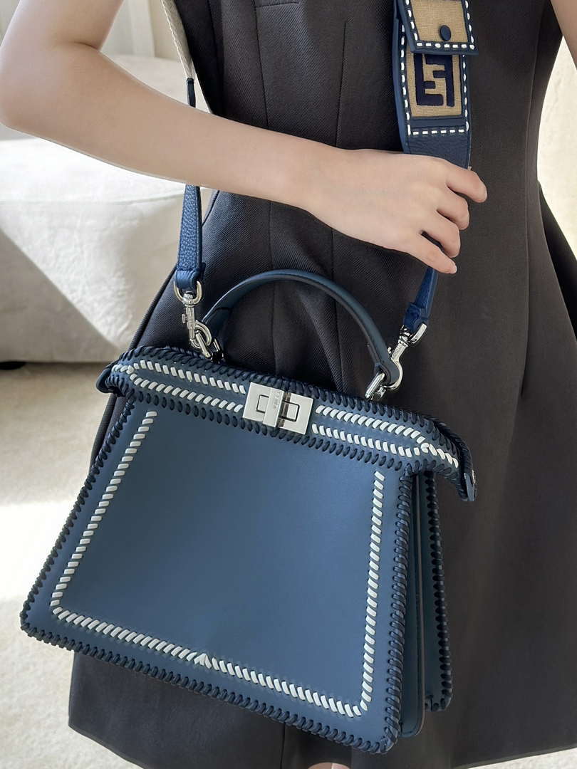 Fendi 8BN327 Peekaboo ISeeU Medium Blue interlace leather bag 80143