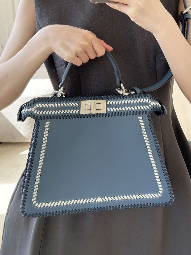 Fendi 8BN327 Peekaboo ISeeU Medium Blue interlace leather bag 80143
