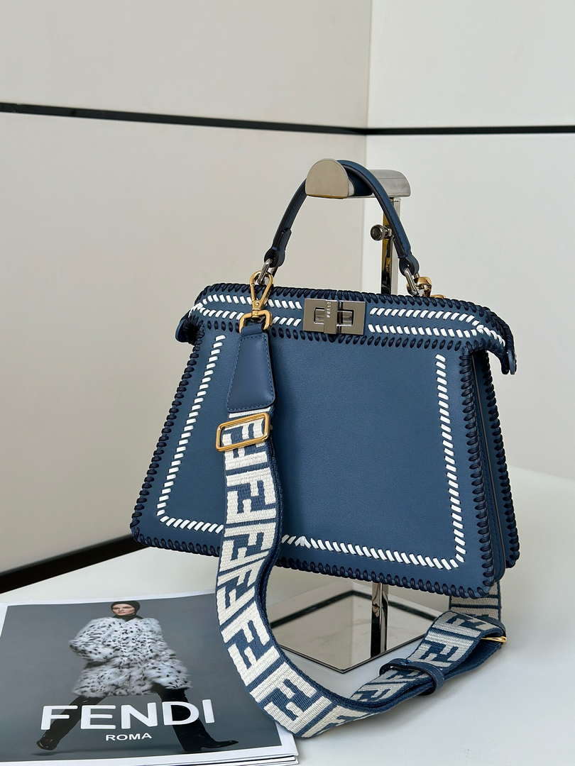 Fendi 8BN327 Peekaboo ISeeU Medium Blue interlace leather bag 80143