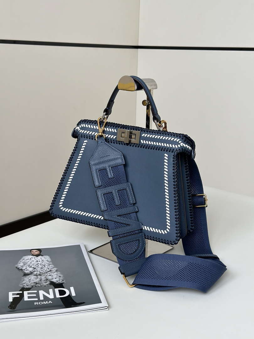 Fendi 8BN327 Peekaboo ISeeU Medium Blue interlace leather bag 80143