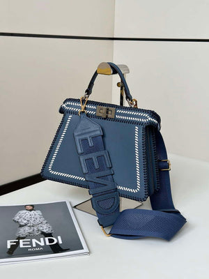 Fendi 8BN327 Peekaboo ISeeU Medium Blue interlace leather bag 80143 - Default Title - View 15