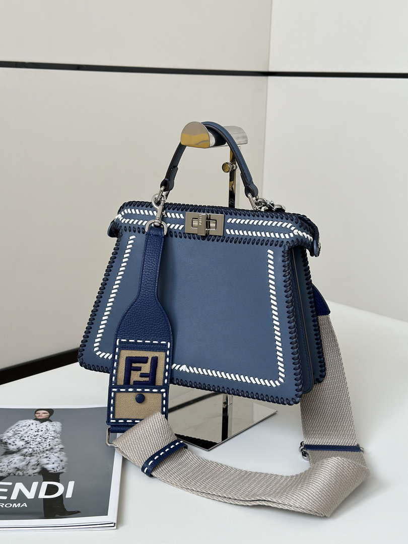 Fendi 8BN327 Peekaboo ISeeU Medium Blue interlace leather bag 80143