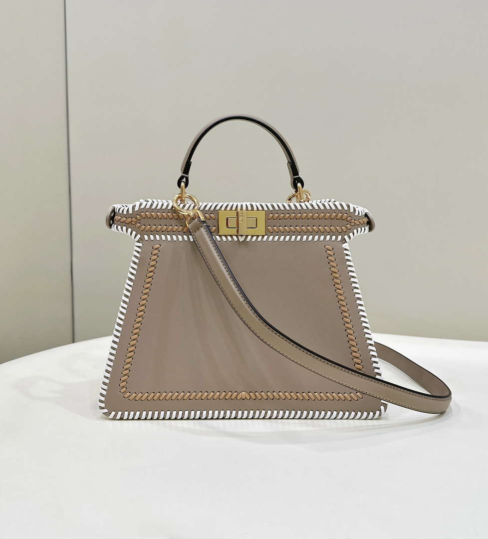 Fendi 8BN327 Peekaboo ISeeU Medium Gray &White interlace leather bag 80143