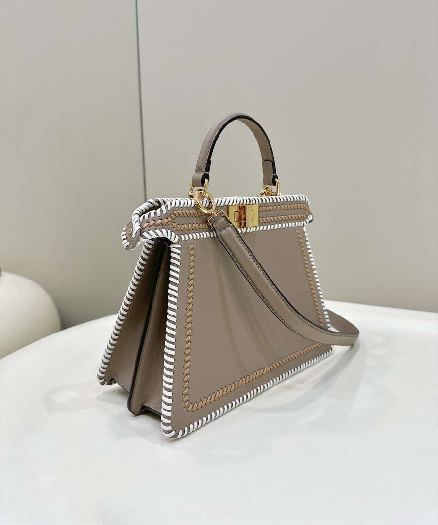 Fendi 8BN327 Peekaboo ISeeU Medium Gray &White interlace leather bag 80143