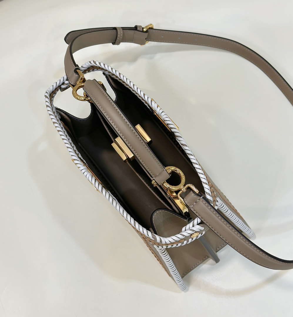 Fendi 8BN327 Peekaboo ISeeU Medium Gray &White interlace leather bag 80143
