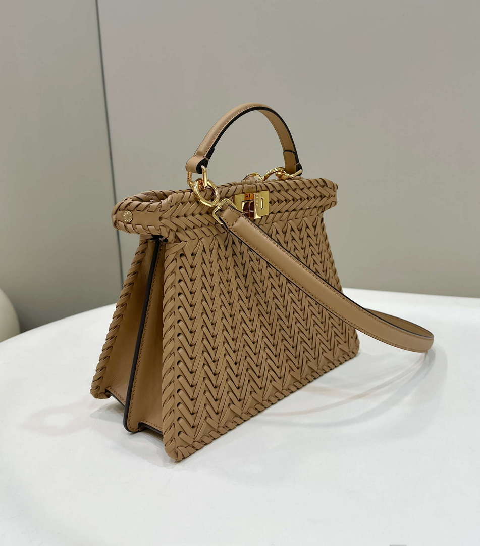 Fendi 8BN327 Peekaboo ISeeU Small Apricot interlace leather bag 80138M