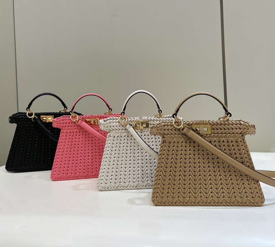 Fendi 8BN327 Peekaboo ISeeU Small Apricot interlace leather bag 80138M