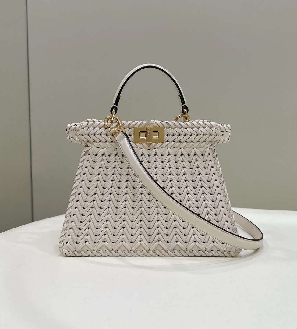Fendi 8BN327 Peekaboo ISeeU Small Beige interlace leather bag 80138M