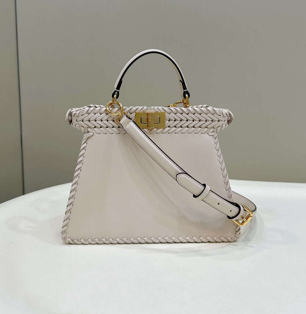 Fendi 8BN327 Peekaboo ISeeU Small Beige interlace leather bag 80138M