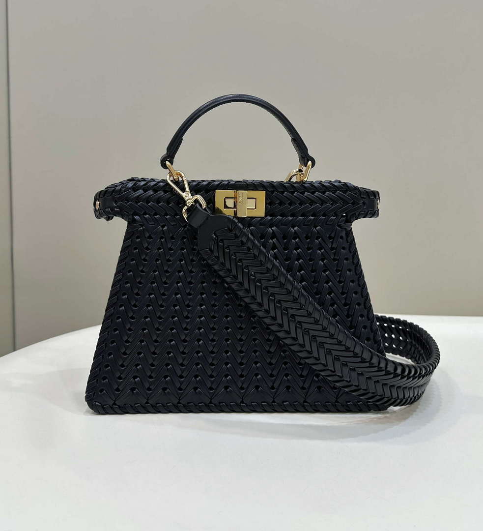 Fendi 8BN327 Peekaboo ISeeU Small Black interlace leather bag 80138M - Default Title - View 1