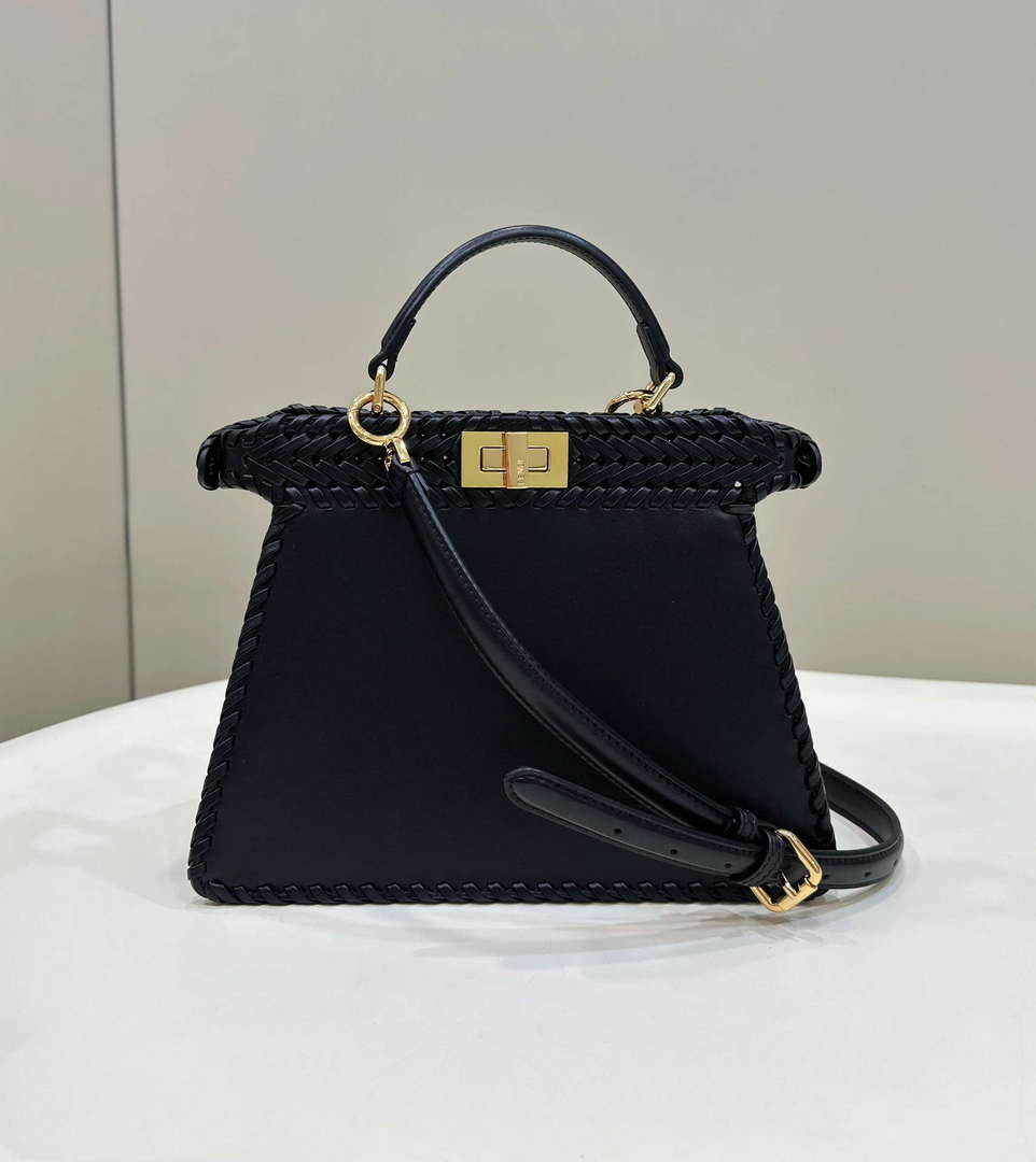 Fendi 8BN327 Peekaboo ISeeU Small Black interlace leather bag 80138M