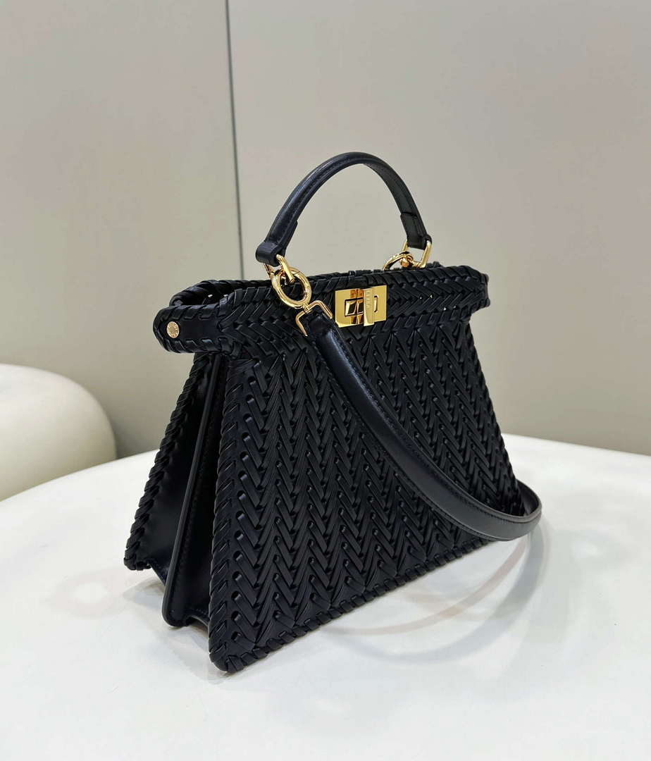 Fendi 8BN327 Peekaboo ISeeU Small Black interlace leather bag 80138M