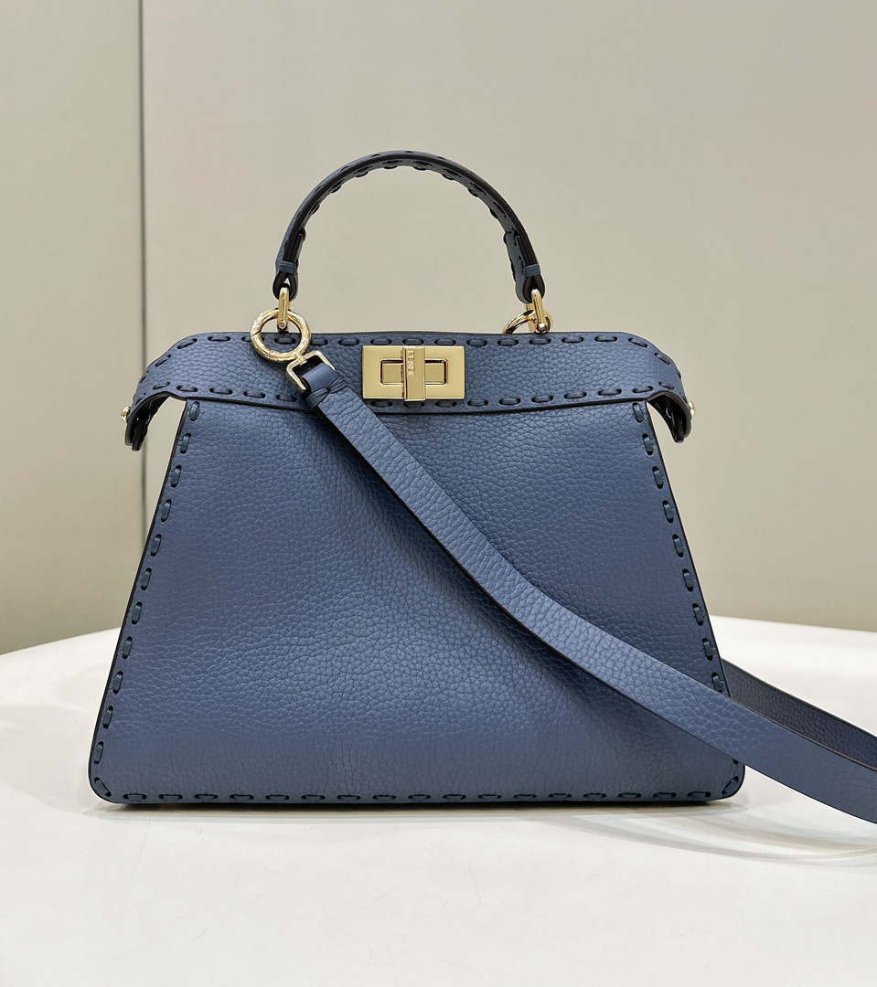 Fendi 8BN327 Peekaboo ISeeU Small Blue Selleria bag with 556 hand-sewn topstitches 80133Am