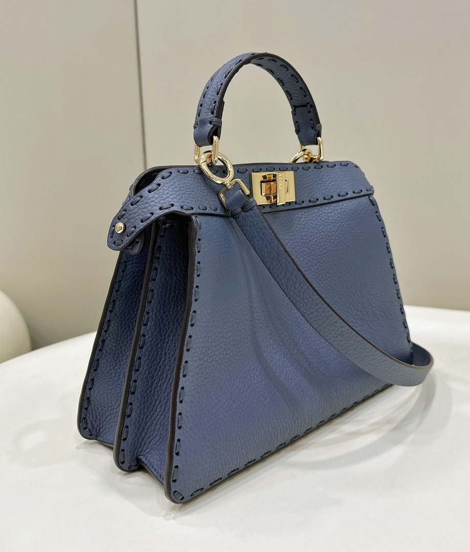 Fendi 8BN327 Peekaboo ISeeU Small Blue Selleria bag with 556 hand-sewn topstitches 80133Am